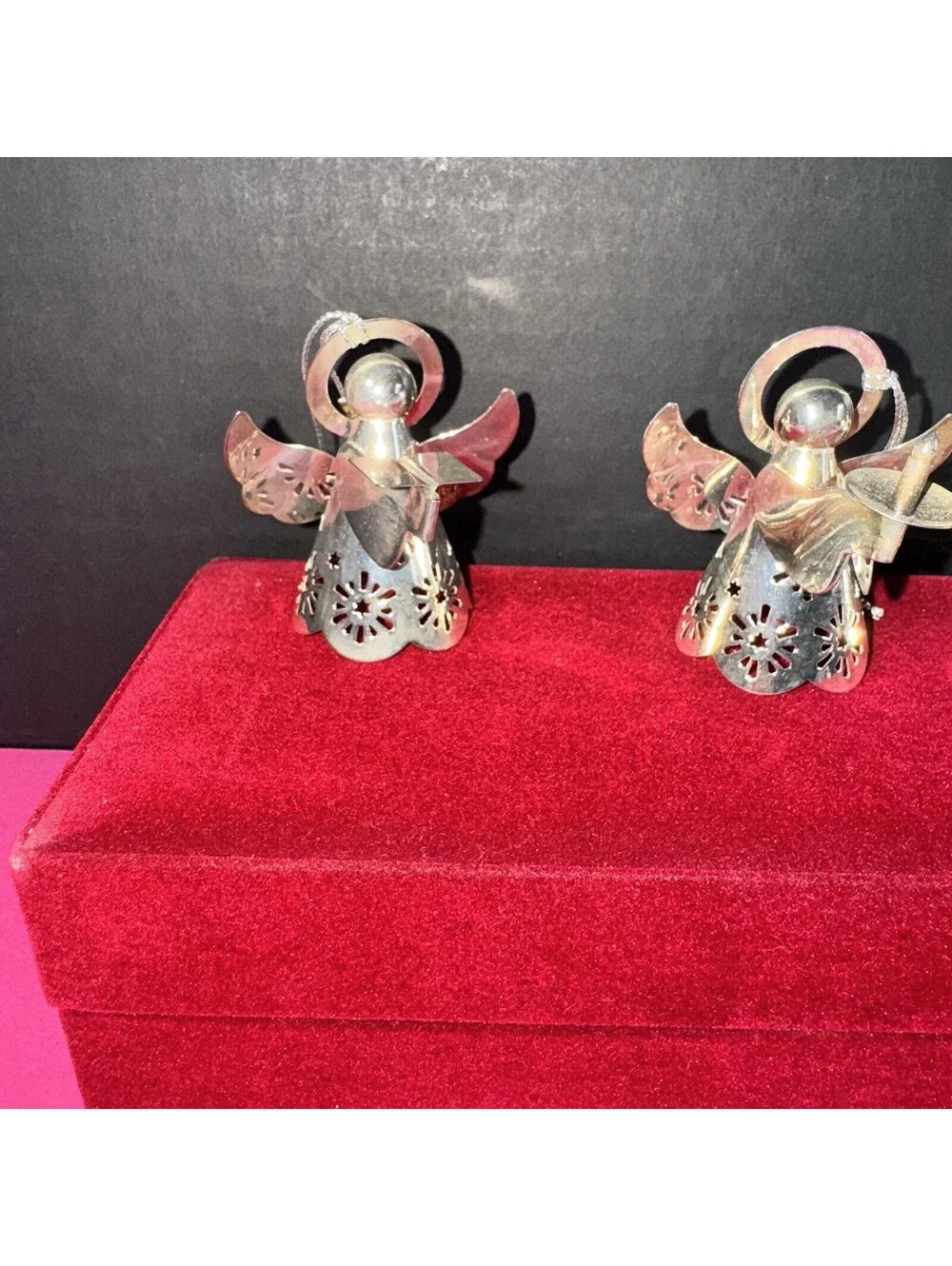 4 Vintage Silver Metal Angel Ornaments Red Velvet Box Christmas Holiday Decor